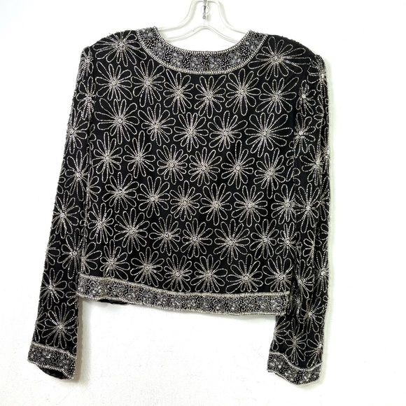 SCALA Embroidered Silk Formal Evening Jacket Silver Floral Beading - Picture 2 of 16